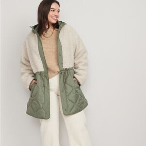 Old Navy Two-Tone Sherpa and Quilted Parka Jacket in Olive Green and Cream